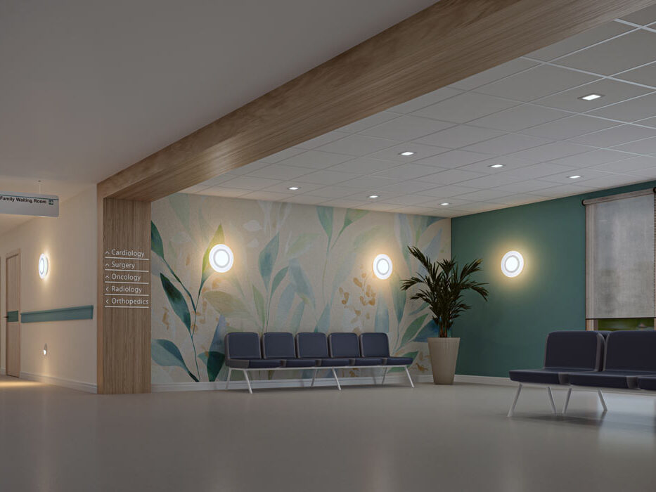Kenall Millenium Flair™ LED Luminaire installed in a hospital waiting area